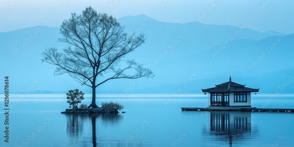 Serene Waterscape A Solitary Tree and Pavilion on a Calm Lake with Distant Mountains Serene Waterscape A Solitary Tree and Pavilion on a Calm Lake with Distant Mountains