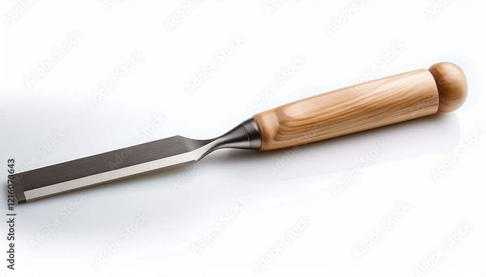 Close-up of a wood chisel with a light wood handle. Close-up of a wood chisel with a light wood handle.