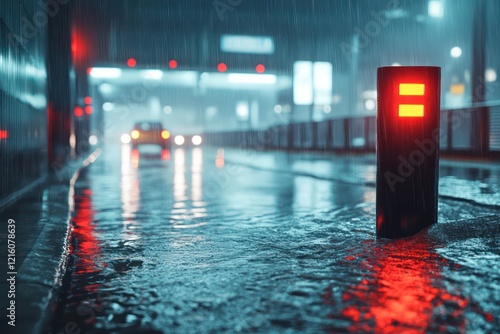 Advanced flood management system with intelligent barriers and sensors protecting a smart city during a storm.