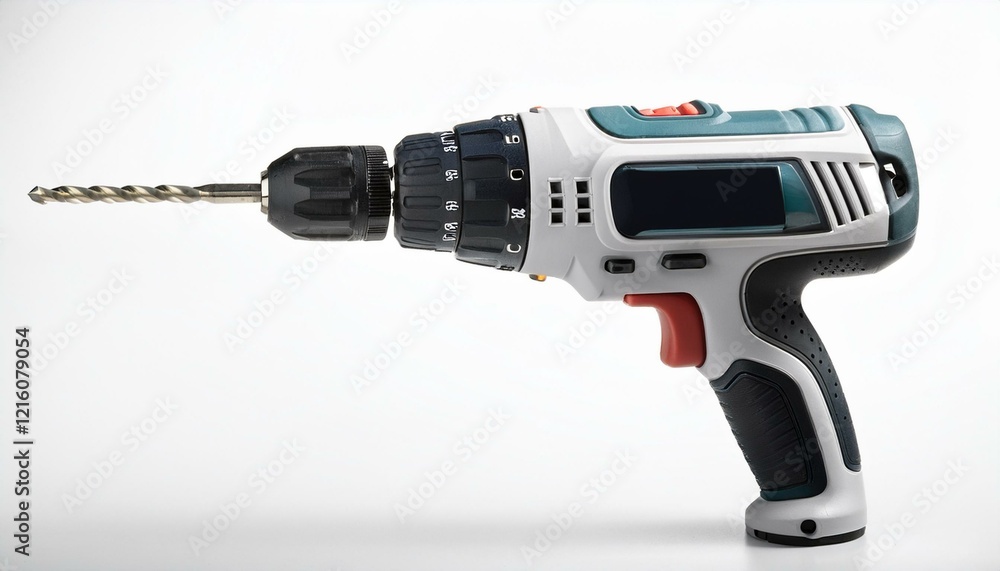 Cordless drill with a drill bit attached, ready for use. Cordless drill with a drill bit attached, ready for use.