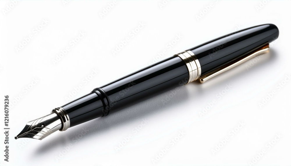 Elegant black fountain pen with gold accents on a white background. Elegant black fountain pen with gold accents on a white background.