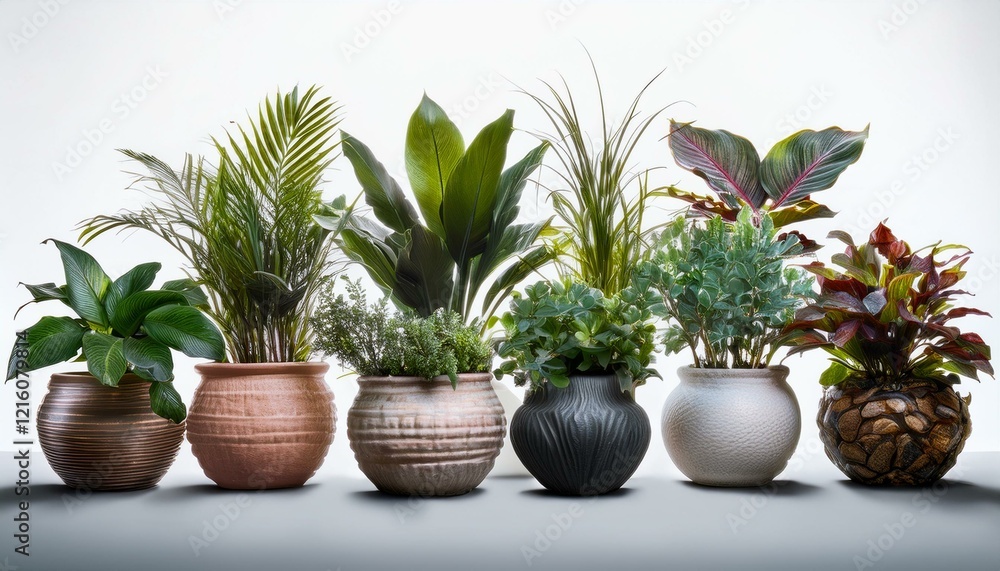 Collection of beautiful plants in ceramic pots isolated on white background green interior Collection of beautiful plants in ceramic pots isolated on white background green interior