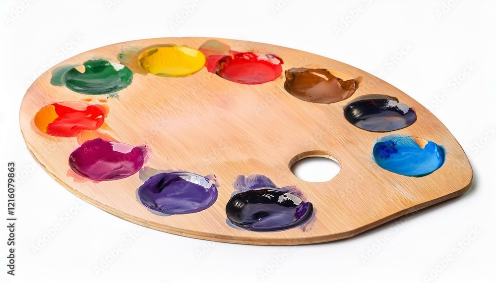 Wooden artist's palette with vibrant paint colors. Wooden artist's palette with vibrant paint colors.