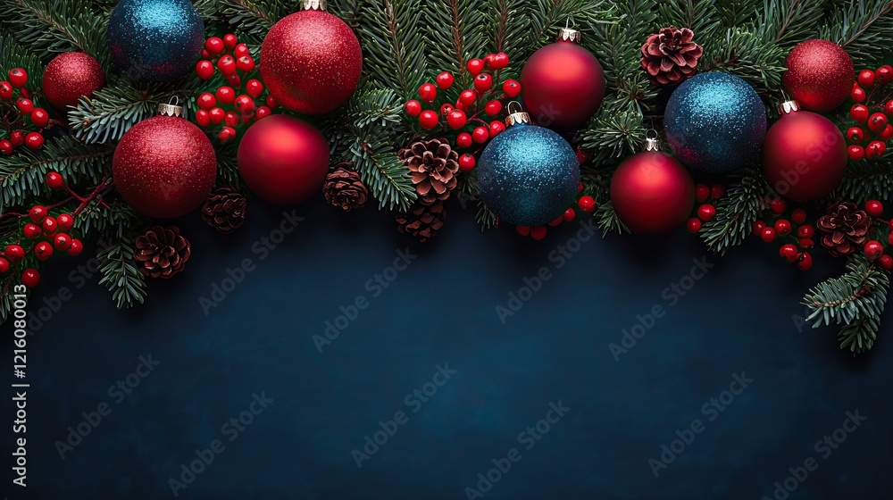 A festive vertical Christmas background featuring red and blue ornaments, perfect for holiday greetings and seasonal designs A festive vertical Christmas background featuring red and blue ornaments, perfect for holiday greetings and seasonal designs