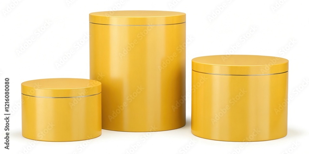 Three Cylindrical Containers in Golden Yellow Hue A Mockup for Packaging Design
