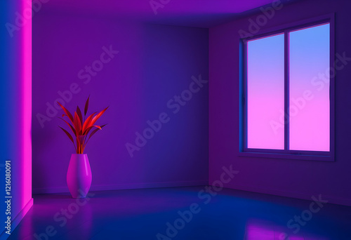 neon-lit room, empty interior, vibrant pink window, blue walls, minimalist design, vaporwave aesthetic, potted plant with red leaves, surreal lighting, retro futuristic ambiance, 3D render, high contr photo