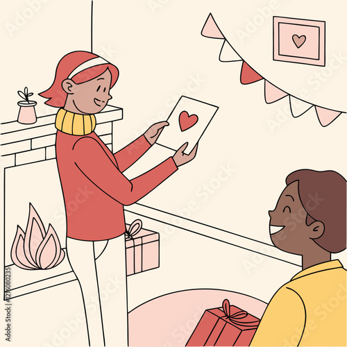 Valentine day girl and boy working