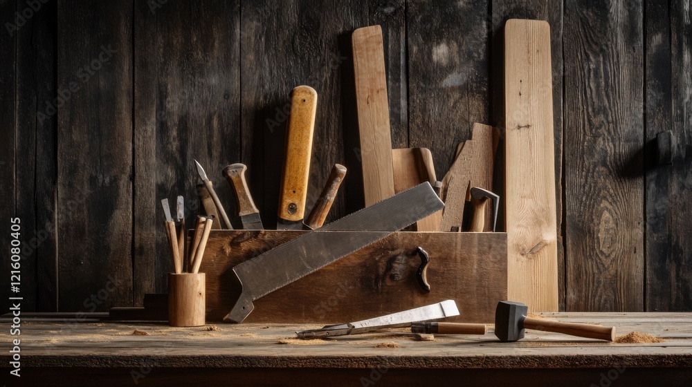 Woodworking tools: saw, hammer, chisel on workbench with rustic workshop and wooden planks backdrop. Emphasizing woodworking craftsmanship and creativity.