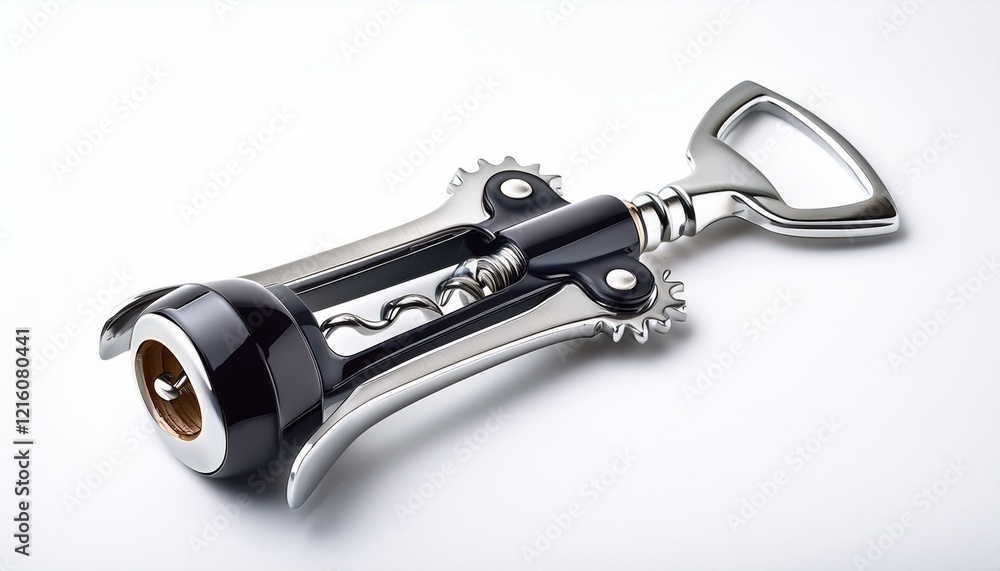 Sleek, modern corkscrew with a dark handle and silver accents. Sleek, modern corkscrew with a dark handle and silver accents.