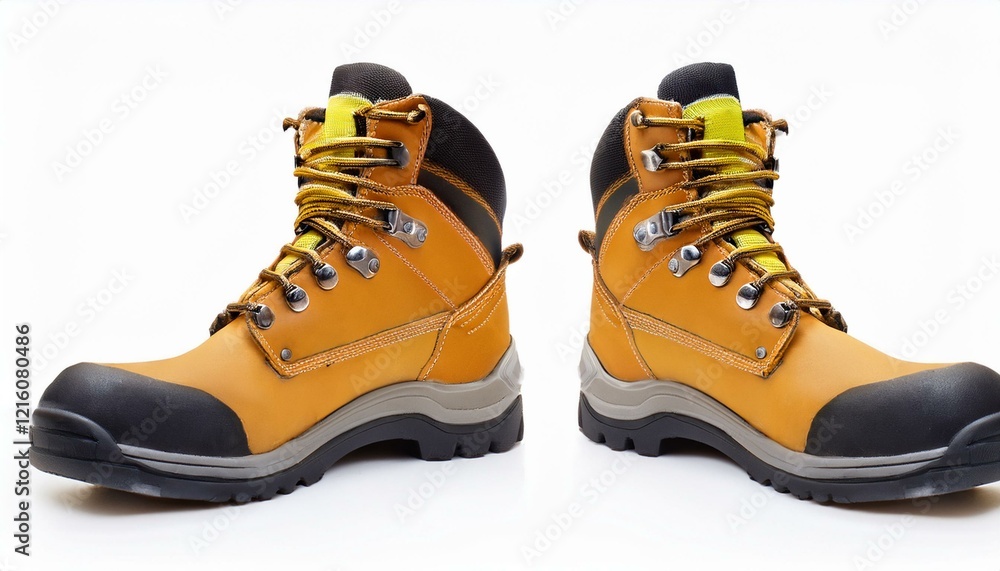 Pair of sturdy tan work boots with black soles, ready for any job. Pair of sturdy tan work boots with black soles, ready for any job.