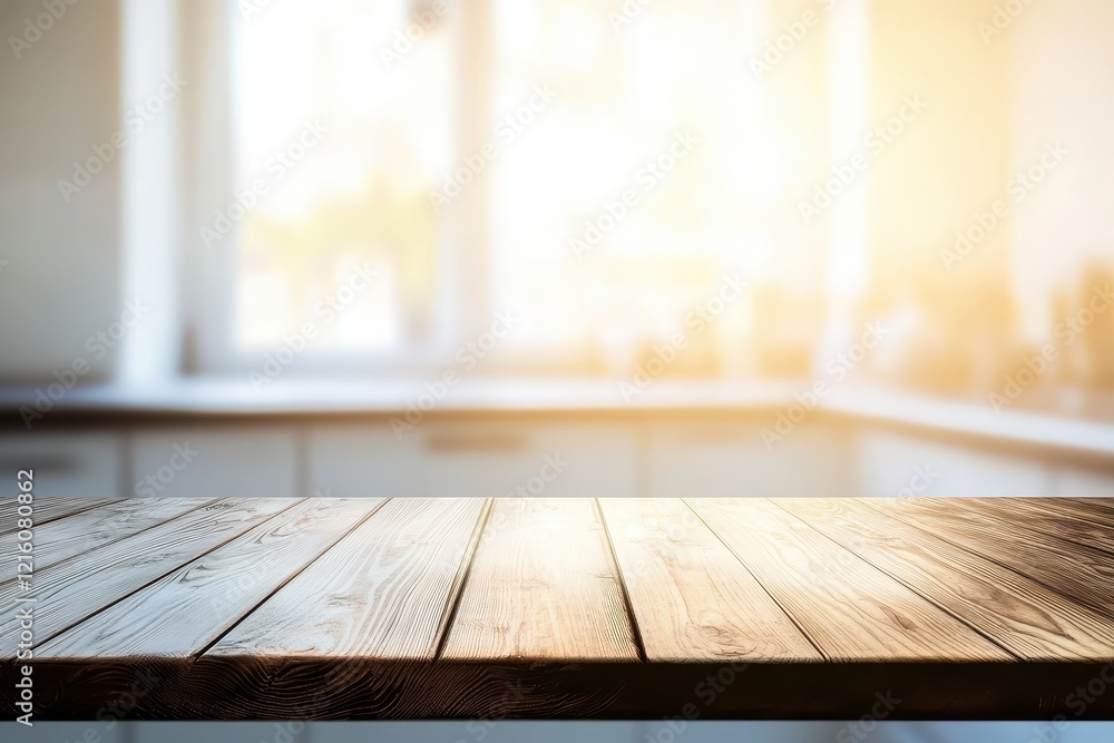Sunny kitchen countertop, wood surface, product display Sunny kitchen countertop, wood surface, product display