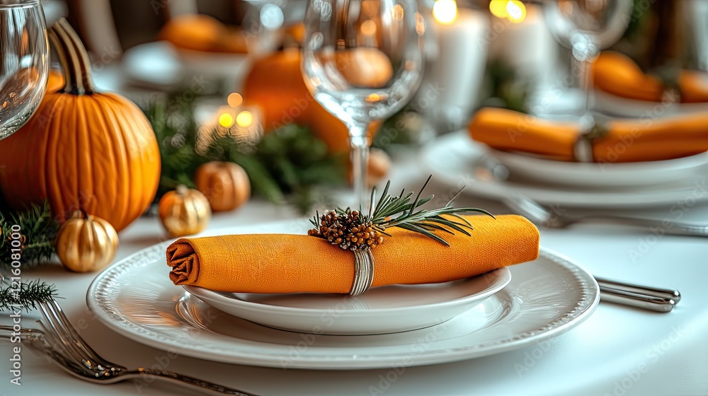 Naklejka premium A festive vertical Thanksgiving table setting featuring a white plate, orange napkin with Thankful text, surrounded by small pumpkins