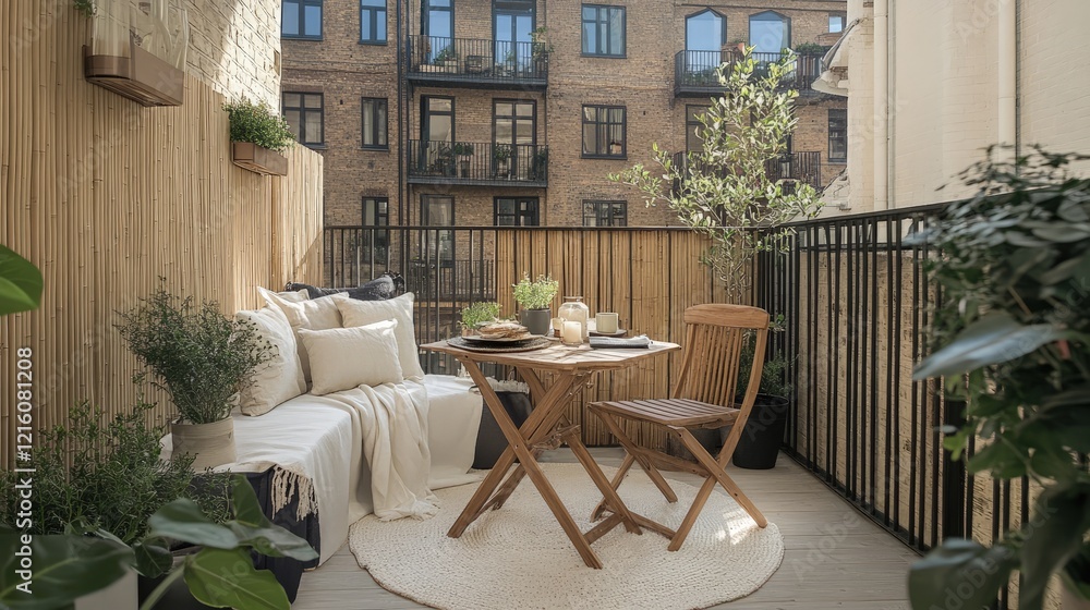 Fototapeta premium Serene Balcony Oasis with Bamboo and Wooden Furniture