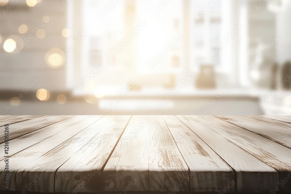Wooden table, bright kitchen backdrop, bokeh lights, product display Wooden table, bright kitchen backdrop, bokeh lights, product display
