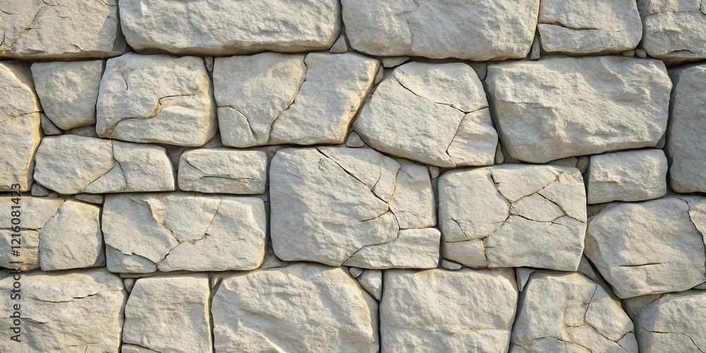 Obraz premium A textured backdrop of a rustic, irregularly shaped, light beige stone wall with natural cracks and crevices