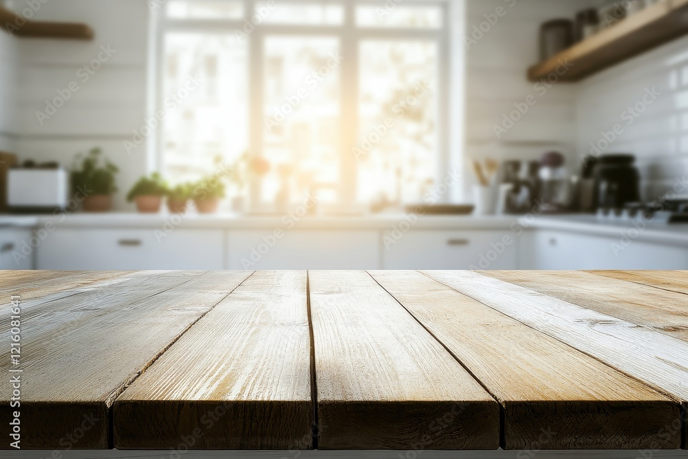 Wooden table, sunny kitchen background, product display Wooden table, sunny kitchen background, product display