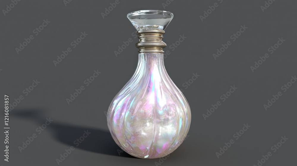 Iridescent potion bottle studio shot, grey background, fantasy design, packaging Iridescent potion bottle studio shot, grey background, fantasy design, packaging
