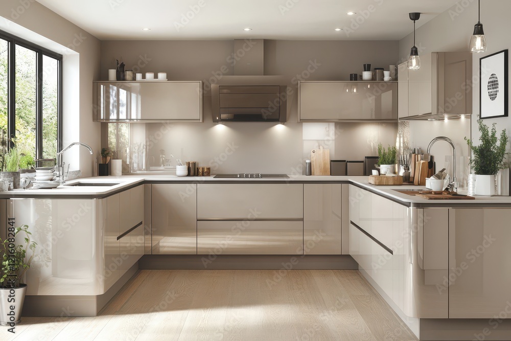 Modern beige kitchen design, u-shaped layout, large window, interior design Modern beige kitchen design, u-shaped layout, large window, interior design
