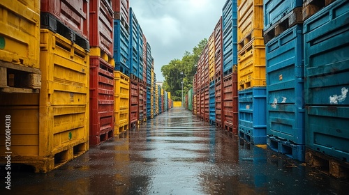 Vibrant shipping containers amidst rain industrial area photo urban environment ground level logistics concept