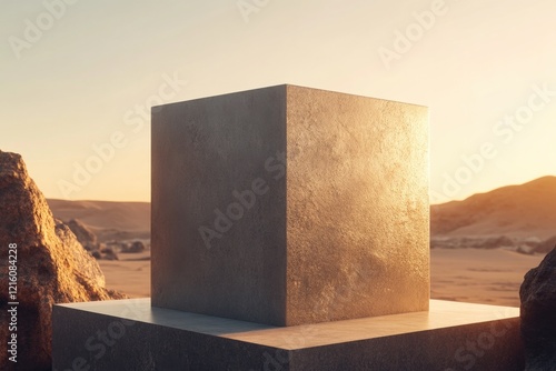 textured podium shaped like cube placed in desert setting with soft golden light highlighting its edges photo