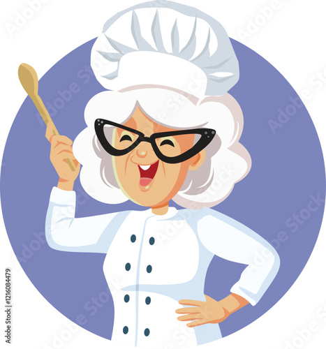 Senior Woman Chef Holds the Wooden Spoon Vector Character. Cheerful elderly lady making yummy recipes 
