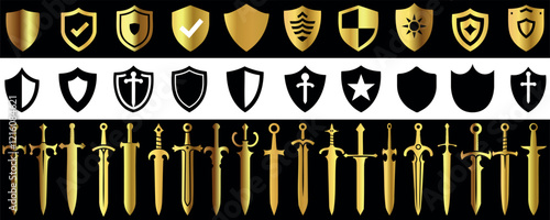 Wallpaper Mural Golden shields and sword icon set, feature medieval inspired weaponry and armor elements, ideal sword and shield for games, designs, and fantasy themes. Torontodigital.ca