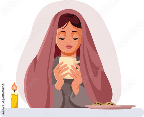 Woman Drinking Hot Beverage with Blanket on Her Body Vector Illustration. Lady taking care of herself drinking tree
