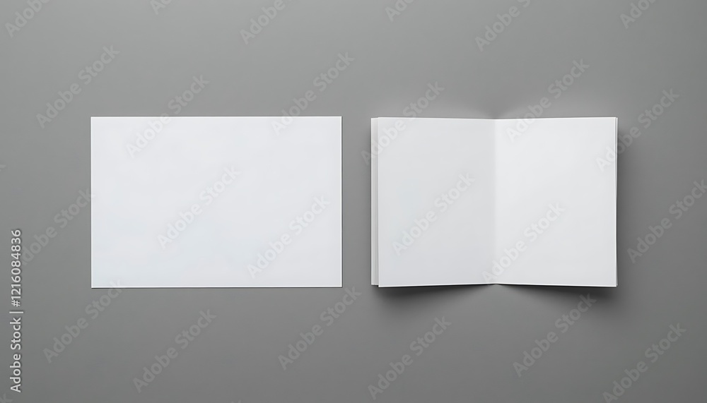 Blank white square flyer and open bifold brochure mockup on grey background, perfect for design presentations and branding projects. Blank white square flyer and open bifold brochure mockup on grey background, perfect for design presentations and branding projects.