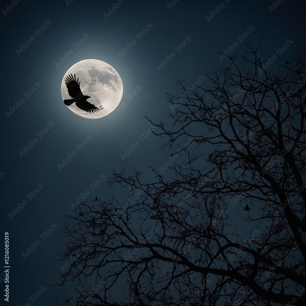 Naklejka premium Picture a crow flying under a full moon, its dark silhouette creating an eerie atmosphere.