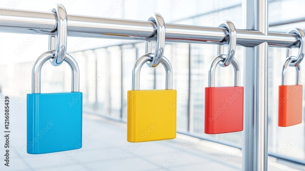 Four padlocks on a metal railing, symbolizing security, protection and privacy in urban environments Four padlocks on a metal railing, symbolizing security, protection and privacy in urban environments