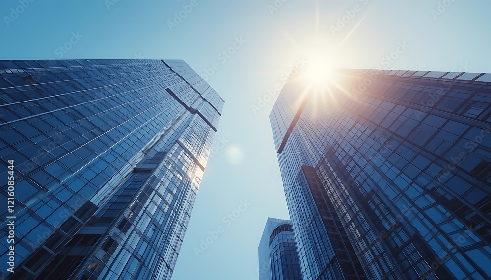 Fototapeta premium Stunning Low Angle View of Modern Glass Skyscrapers Reaching for the Bright Sun