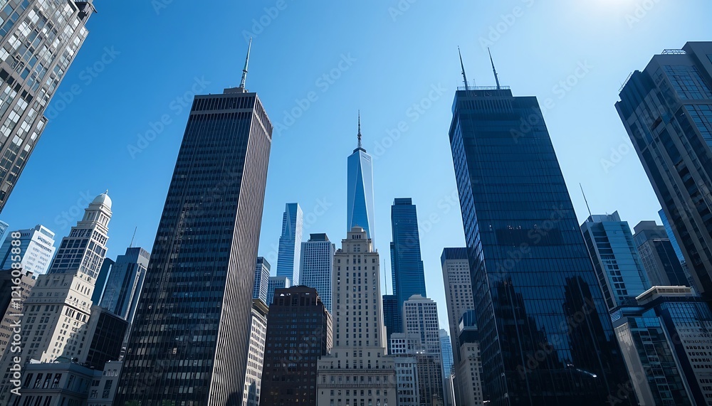 Obraz premium Stunning Low Angle View of Modern Skyscrapers in the Financial District of New York City under a Clear Blue Sky