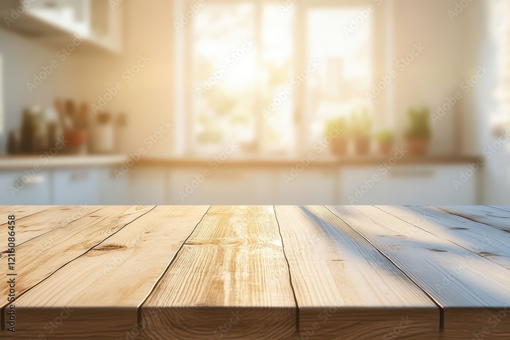 Sunny kitchen table, wood surface, product display, sunlight Sunny kitchen table, wood surface, product display, sunlight