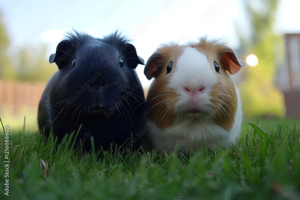 Two adorable guinea pigs frolic playfully in a patch of lush green grass outdoor. Two adorable guinea pigs frolic playfully in a patch of lush green grass outdoor.
