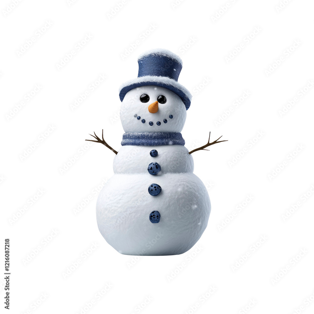 Adorable 3D Rendered Snowman with Blue Hat and Scarf, Winter Holiday Character Adorable 3D Rendered Snowman with Blue Hat and Scarf, Winter Holiday Character