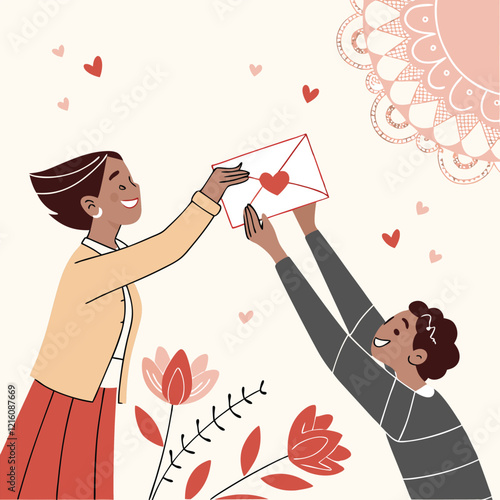 Valentine day girl and boy working
