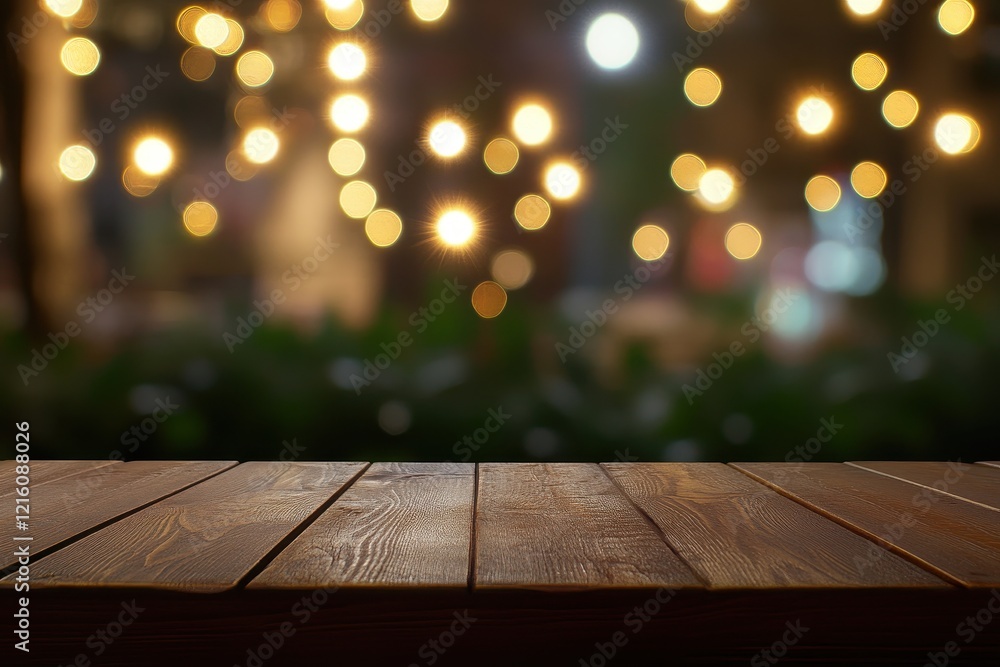 Dark wood table, night bokeh background, product display Dark wood table, night bokeh background, product display