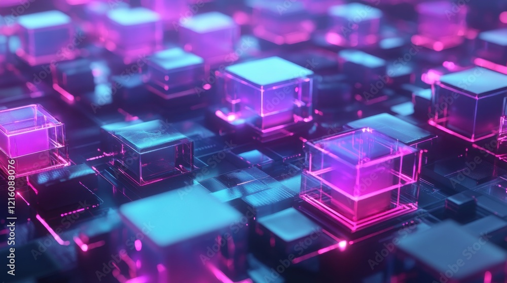 Fototapeta premium Abstract blockchain technology visualization with glowing nodes and futuristic digital graphics.