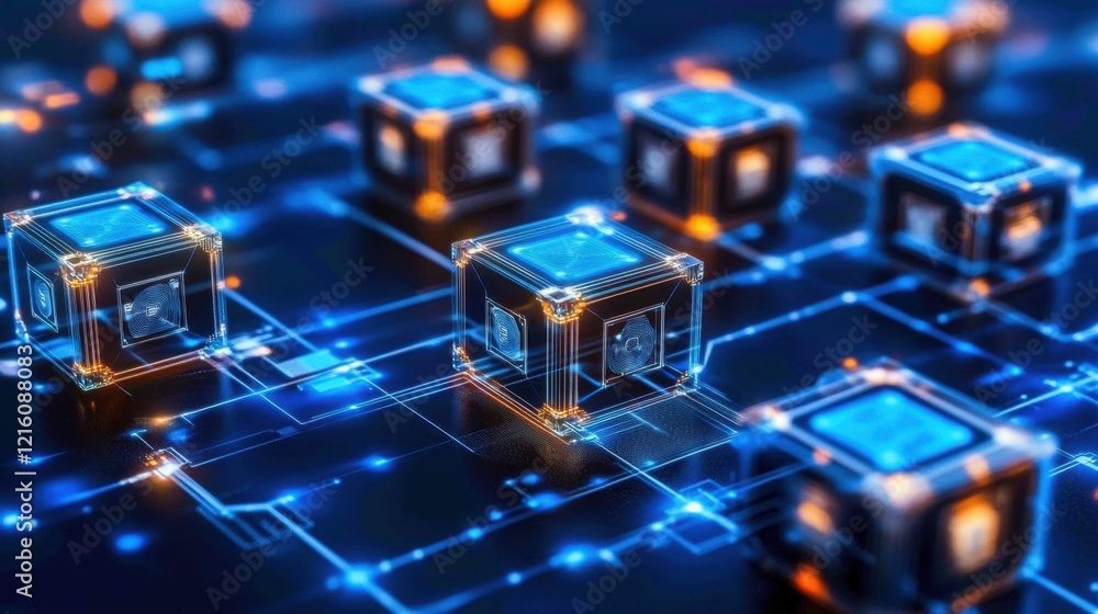 Abstract blockchain network concept with glowing interconnected blocks and digital circuits in a futuristic setting. Abstract blockchain network concept with glowing interconnected blocks and digital circuits in a futuristic setting.