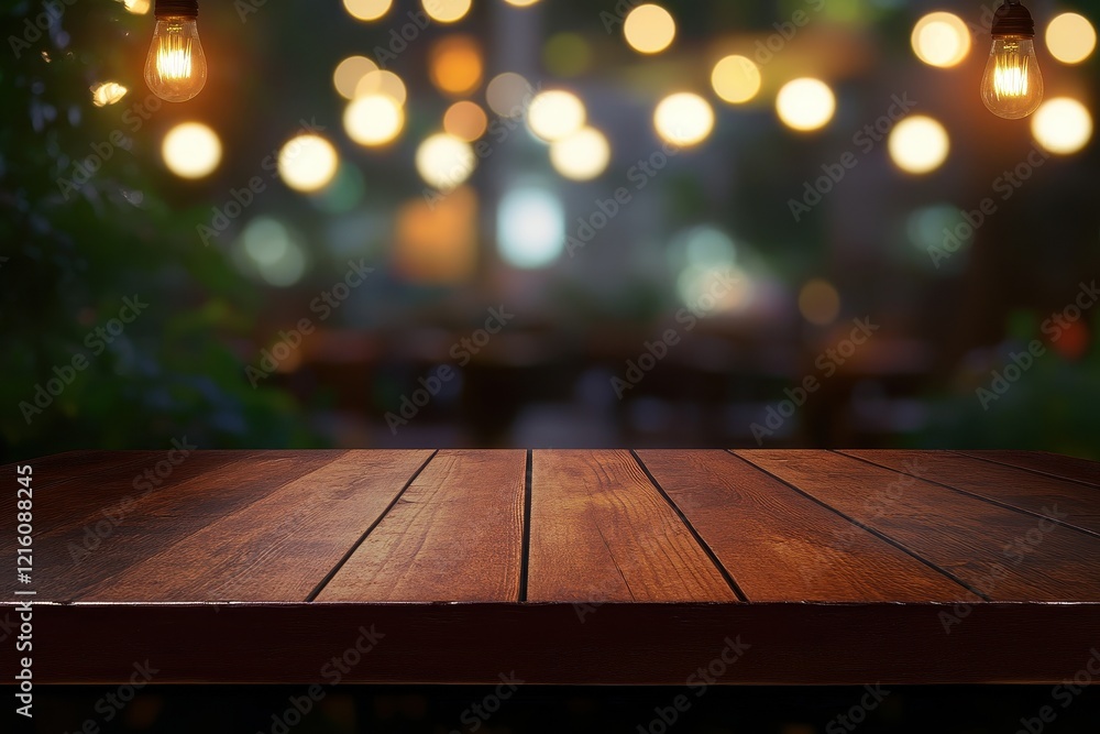 Wooden table, night cafe, bokeh lights, product display Wooden table, night cafe, bokeh lights, product display