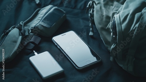 A smartphone, portable charger, and accessories arranged on a dark surface.