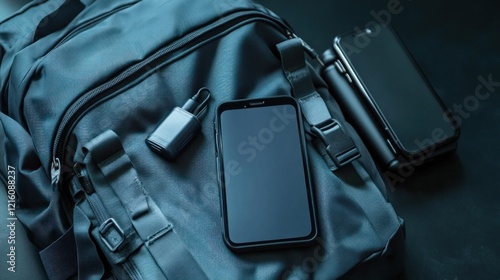 A backpack with a smartphone and a portable charger on a dark surface.