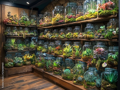 Terrarium collection display indoor garden glass containers cozy shop aesthetic arrangement for nature lovers