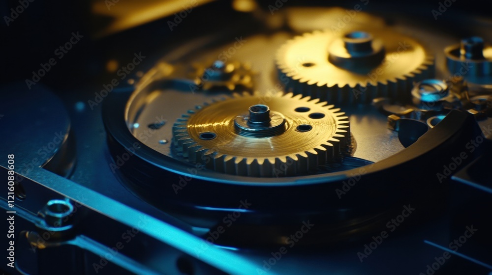 Abstract close-up of projector gears in motion, lit by dim blue lights. Abstract close-up of projector gears in motion, lit by dim blue lights.
