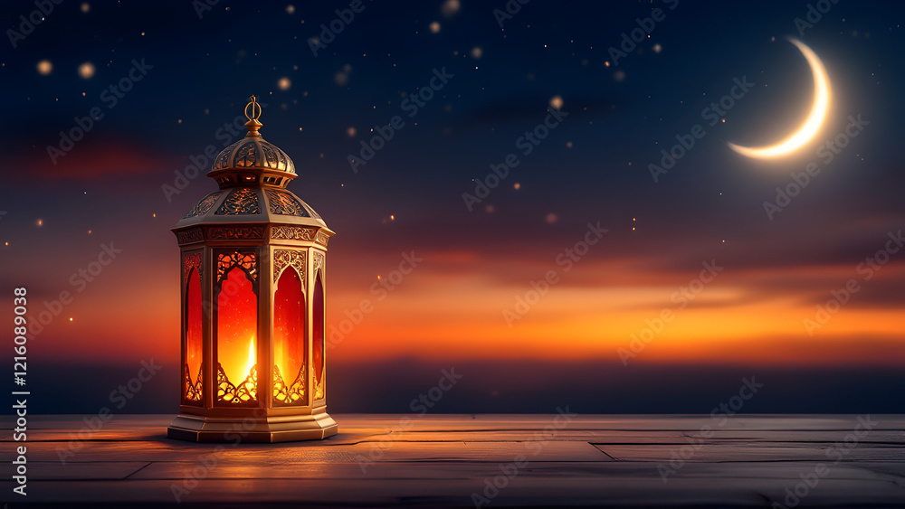 Ramadan Kareem - Arabic Lantern At Night In desert With Crescent Moon And Magic Glittering Ramadan Kareem - Arabic Lantern At Night In desert With Crescent Moon And Magic Glittering