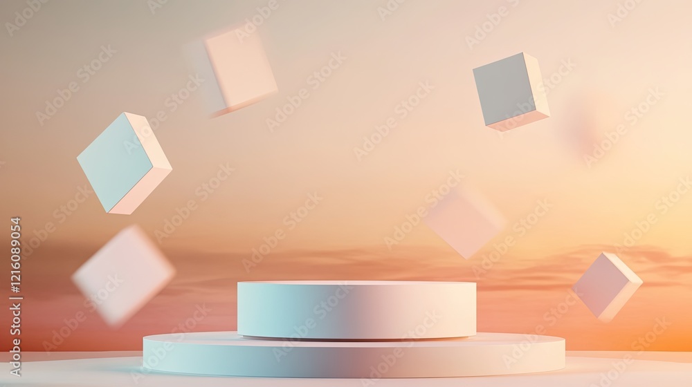 whimsical podium surrounded by floating geometric shapes set in bright surreal studio with pastel gradients whimsical podium surrounded by floating geometric shapes set in bright surreal studio with pastel gradients