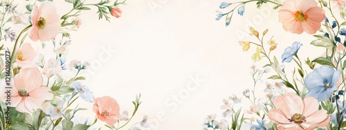 Elegant Watercolor Floral Border Pastel Peach and Blue Flowers Wedding Invitation Design Spring