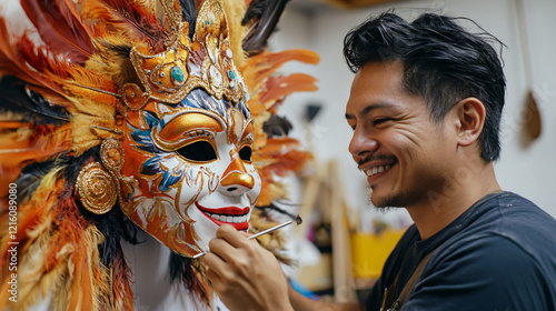 a man is painting a mask on a wall