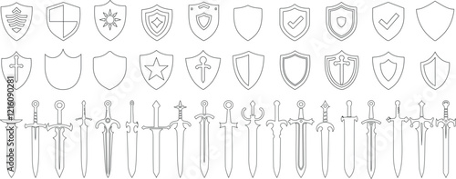 Vector line art of medieval shields and swords. Set includes knight weapons, emblems, and armory designs. Perfect for gaming, heraldry, and historical themes