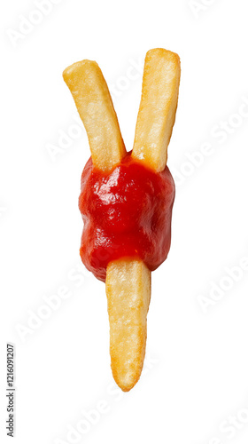 Single french fry dipped in tomato sauce, top view on white AI generative photo